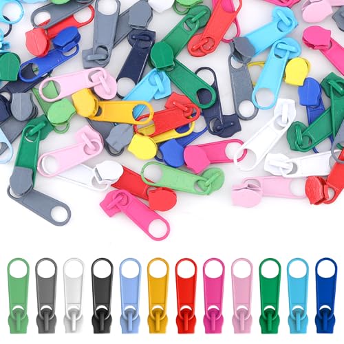 100 PCS Metal Zipper Slider Replacement, #3 Universal Zipper Repair Kit (12 Colors) Replacement Slider Zippers Pull Rescue Kit for Clothing Jackets, Coats, Backpacks