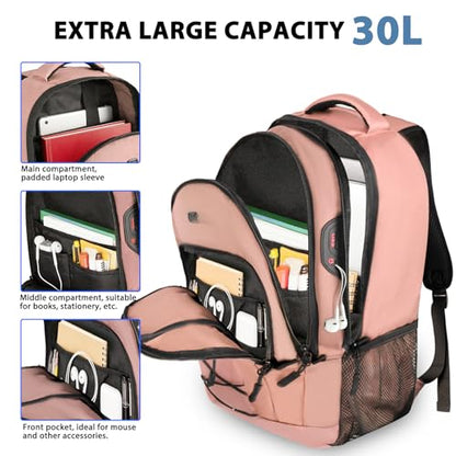Goloni Laptop Backpack for Men Women, 17 Inch Travel Backpack with USB Charging Port, Water Resistant Lightweight Backpack with Compartments, 30L Casual Daypack,Pink - color: Pink