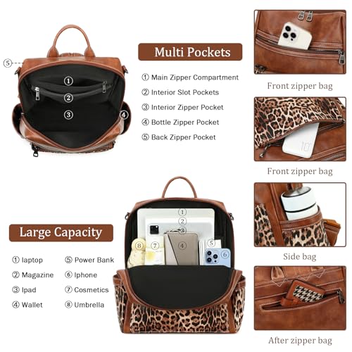 AGLOD Leather Backpack Purse for Women Designer Ladies Shoulder Bag Fashion Faux Work Travel Handbags - color: Leopard