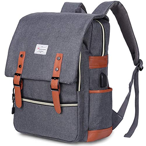 Modoker Vintage Canvas Backpack with USB Port, Fits 15.6 Inch Laptop - color: Classic Grey