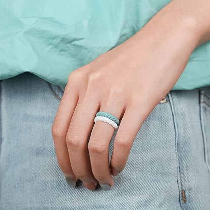 Egnaro Silicone Wedding Ring for Women,Thin and Stackble Braided Rubber Wedding Bands,No-Toxic,Skin Safe - color: SETS-Blue, Light Green, Light Blue, White, size: 7.5-8