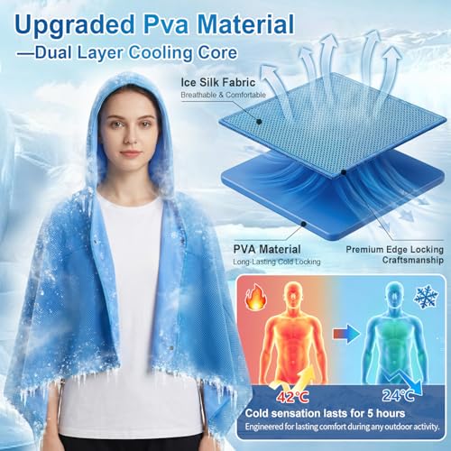 Cooling Hooded Beach Towel Cloak for Men Women - Double Layer PVA Fabric Cool Towel Cape, Instant Cooling Soft Ice Towelfor Beach Yoga Camping (Blue) - color: Blue
