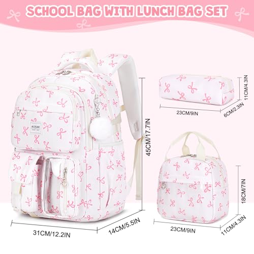 ACESAK Backpack for Girls - Girls Backpack with Lunch Bag & Pencil Pouch for Teen Kids Laptop Backpack for Women, Elementary Middle High School Bookbag Travel Daypack (Beige Bow) - color: Beige Bow