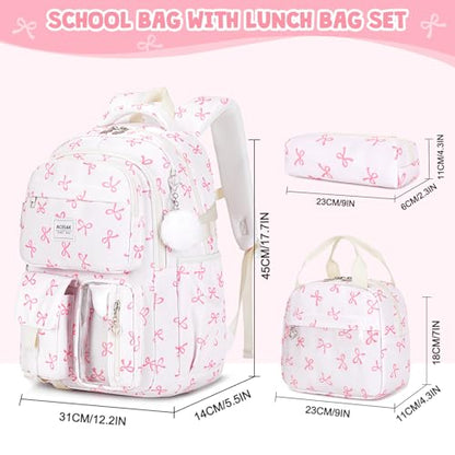 ACESAK Backpack for Girls - Girls Backpack with Lunch Bag & Pencil Pouch for Teen Kids Laptop Backpack for Women, Elementary Middle High School Bookbag Travel Daypack (Beige Bow) - color: Beige Bow