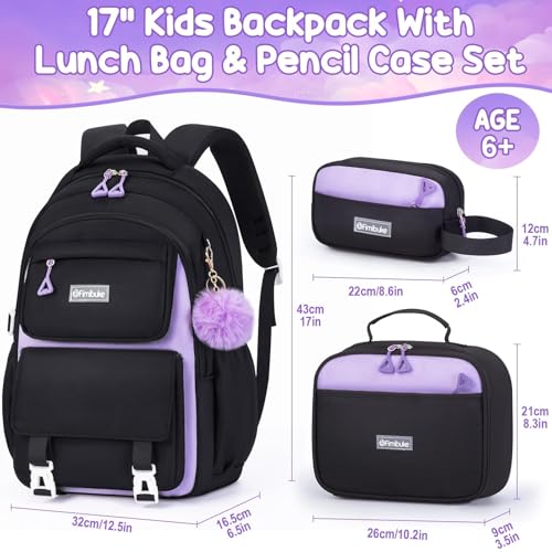 Fimibuke Backpack for Girls, 3 PCS Waterproof School Backpack with Lunch Box & Pencil Pouch for Kid Teen Girl, Cute Bookbag School Bag for Elementary Middle High School Student Ages 6+(Black & Purple) - color: Black & Purple