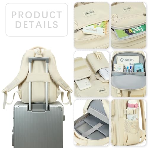 abshoo Large Heavy Duty Backpack For School College Bookbag Casual Multi Pocket Travel Backpacks - color: Beige