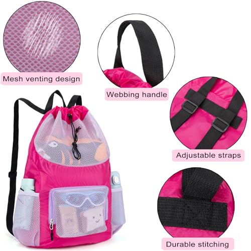 Swim Bag for Kids Mesh Beach Backpack for Girls Lightweight Drawstring Beach Bag Swimming Pool Sports Gym String Bag (Purple) - color: Purple