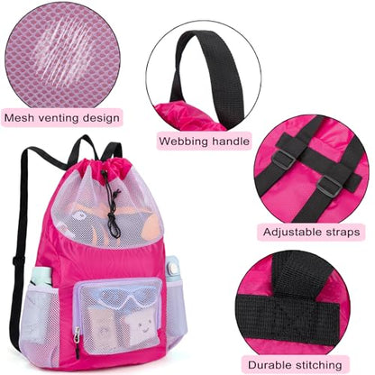 Swim Bag for Kids Mesh Beach Backpack for Girls Lightweight Drawstring Beach Bag Swimming Pool Sports Gym String Bag (Purple) - color: Purple