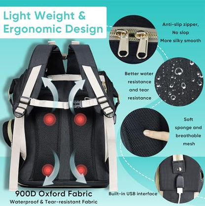ZRSUN Diaper Bag Backpack, Multifunctional Baby Travel Bag with Foldable Changing Station, Portable Changing Pad, USB Charging Port, Black - color: Black