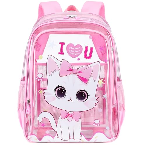 AO ALI VICTORY Clear Backpack for School,PVC Transparent Kids Bookbag for Girls Boys Cute Toddler Back Pack Kindergarten Elementary Schoolbag Stadium Approved See Through Backpacks,Pink Cat - color: Pink Cat