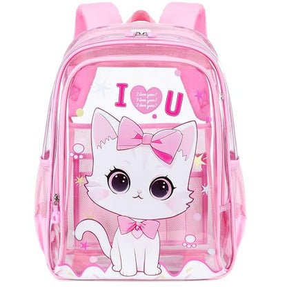 AO ALI VICTORY Clear Backpack for School,PVC Transparent Kids Bookbag for Girls Boys Cute Toddler Back Pack Kindergarten Elementary Schoolbag Stadium Approved See Through Backpacks,Pink Cat - color: Pink Cat