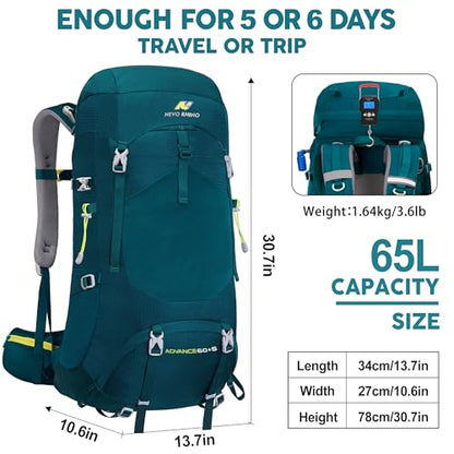N NEVO RHINO Internal Frame Hiking Backpack 50/60/65/70/80L, Mountain Climbing Camping Backpack Daypack Waterproof Rain Cover | Mountain Climbing - color: 09 Green, size: 60+5L