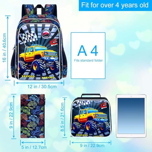 16" Truck Backpack for Boys, 3Pcs Bookbag with Lunch Box, Kids School Backpacks Set for Elementary Preschool Kindergarten (Balck) - color: Truck Yellow