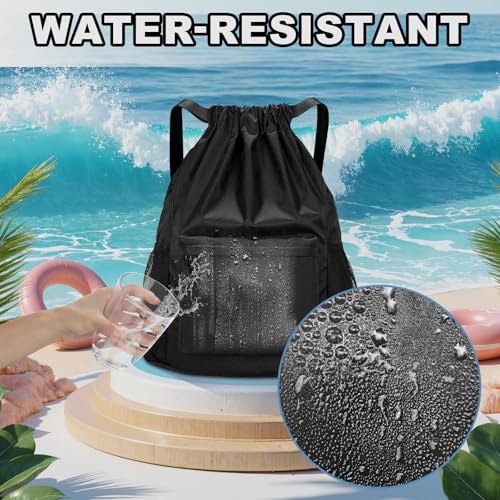 Tygelluis Drawstring Backpack, Waterproof Gym Bag with Water Bottle Pocket for Women Men, Pull String Sport Bag for Swim, Soccer and Basketball,Black - color: Black1