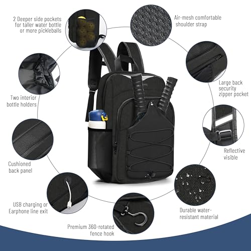 Pickleball Bag - Men's & Women's Pickleball Backpack, Adjustable Sling Bag with Large Capacity/Safety Pocket Ventilated Racket Compartments, Black - color: Black Pickball