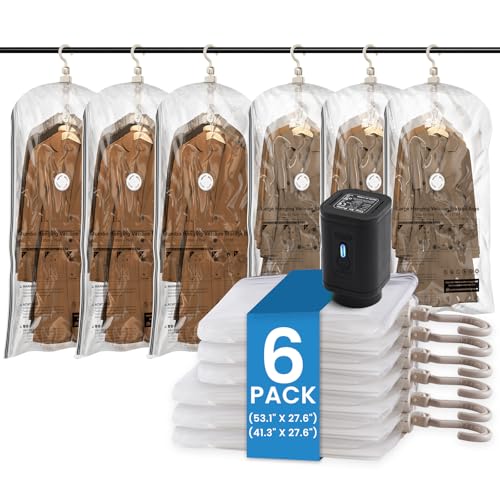 TAILI Hanging Vacuum Storage Bags with Electric Pump, Vacuum Seal Bags for Clothing Travel, Space Saving Hangers for Clothes, Suits, Coats and Jackets, Set of 6 (3 Long, 3 Short) - color: Sheer, size: 6 Combo