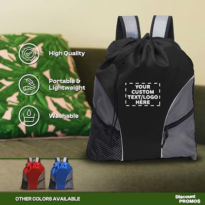 DISCOUNT PROMOS Custom Sporter Drawstring Backpacks Set of 6/12/24, Personalized Bulk Pack - Compact, Lightweight, Unisex Backpack - Black - color: - Custom - Black, size: 6/12/24