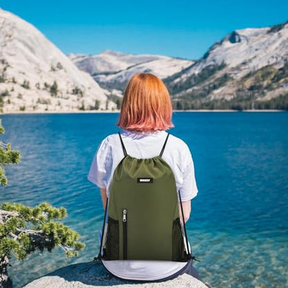 WANDF Drawstring Backpack Sports Gym Sackpack with Mesh Pockets Water Resistant String Bag for Women Men (Dark Green) - color: Green
