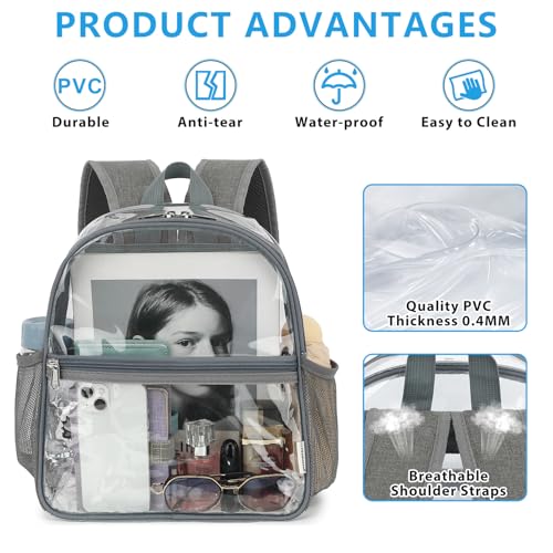 Fammart Clear Backpack Stadium Approved 12x6x12 - Kids & Small Adult Transparent Backpack for School, Work, Sports, Concerts - Clear Bag - color: Grey