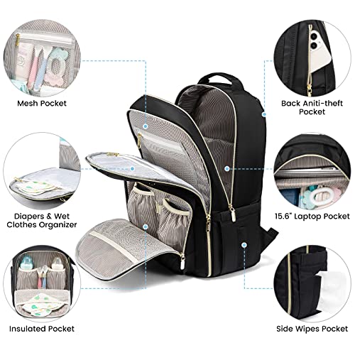 LOVEVOOK Diaper Bag Backpack with 2 Cubes, Quilted Baby Bag with Changing Pad & Pacifier Holder, Waterproof Travel Diaper Bags for Baby Boys Girls, Stylish and Large Capacity,5PCS Set, Black - color: Black-5pcs Set