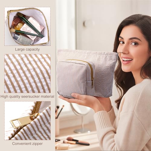 Sanwuta 4 Pcs Seersucker Pouch Cosmetic Bag Set Seersucker Makeup Bag Women Stripe Large Travel Toiletry Organizer Aesthetic Preppy Storage for Embroidery Women Bridesmaid Gifts(Khaki) - color: Khaki
