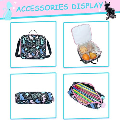 Cute Cat School Backpacks for Girls Backpacks for School Black Bookbag with Lunch Box for Elementary Students Ages 6-8 Years Old - color: Black Cat