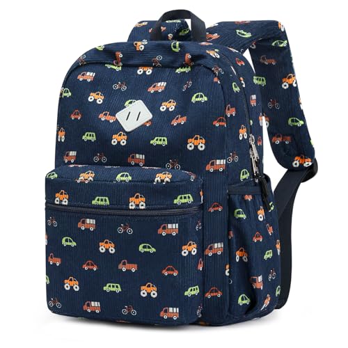 STEAMEDBUN Corduroy Kids Backpack for Boys Girls 3-8, Boys Backpack for Elementary Kindergarten - Car - color: Corduroy Blue Car, size: Small-15"H(fits folder)