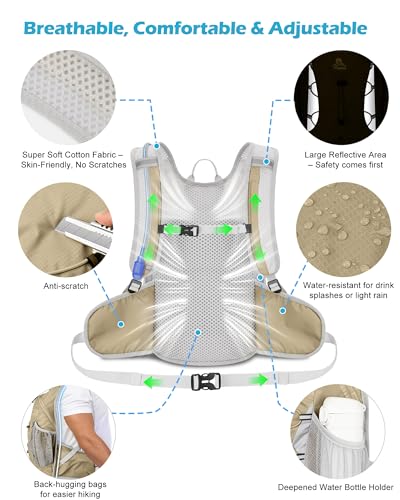 Hydration Backpack with 2L Water Bladder - Lightweight 15L Daypack with Phone-Sized Hip Belt Pockets, Anti-Chafe Cotton Edging & No-Bounce Straps - Small Water Backpack for Hiking, Running, Skiing - color: Khaki