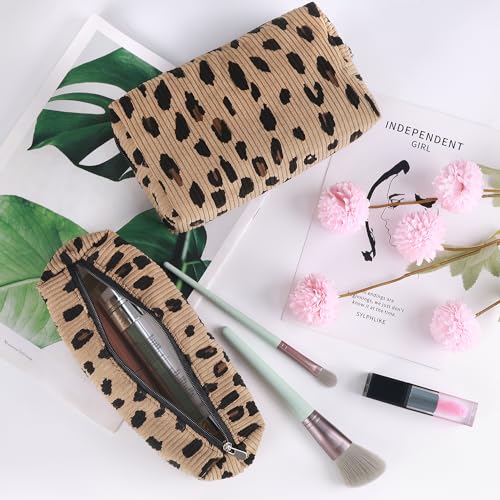 3 Pcs Makeup Bag Cosmetic Bag Set for Girls Women Travel Organizer Bathroom Toiletry Pouch Large Capacity Storage Bag (Leopard Brown) - color: Leopard Brown