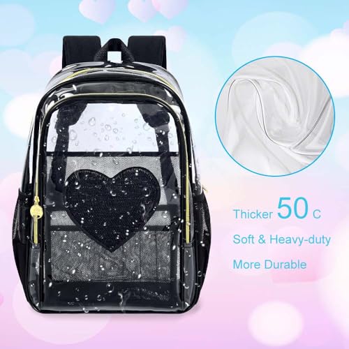 gxtvo 3PCS Clear School Backpack Heavy-Duty Set for Women & Teen Girls, 17" See Through Bookbag with Luxurious Gold Zipper, Black Sequins Transparent Bag - color: Black Sequins Clear Backpack Set