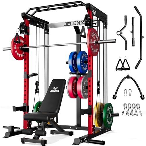 JELENS C21 Power Cage, 2000LBS Multi-Function Power Rack with Independent Dual Pulley System, All-in-One Squat Rack for Cable Crossover, Home Gym Workout Machine - color: Red, size: 370LBS Colored Weights Package