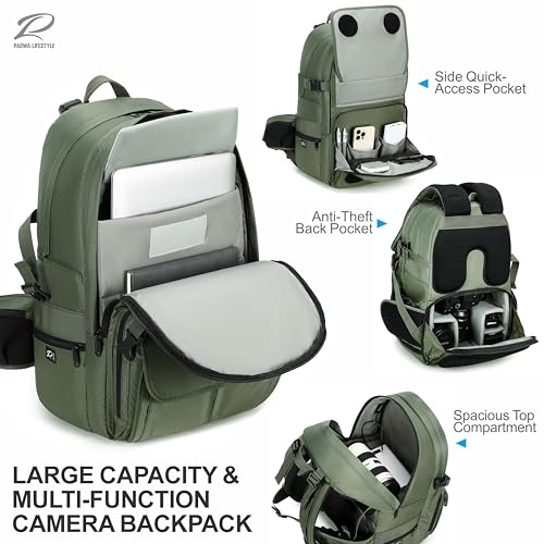 Padwa Lifestyle Green Professional Camera Backpack - Large Capacity Nylon Photography Camera Bag with Thick Padded Comfort Strap and Wide Waist, Versatile Photographer,Multi Cameras,Lensas,a Laptop - color: Green