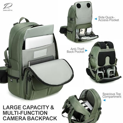 Padwa Lifestyle Green Professional Camera Backpack - Large Capacity Nylon Photography Camera Bag with Thick Padded Comfort Strap and Wide Waist, Versatile Photographer,Multi Cameras,Lensas,a Laptop - color: Green