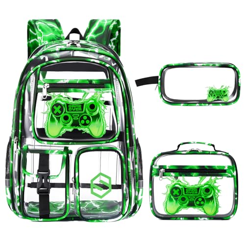 DIGOBAY 3PCS Cool Luminous Clear Backpack for Boys Kids, Gamer Clear Bookbag for School, See Through PVC Transparent Backpacks with Lunch Bag Pencil Case, Backpack Heavy Duty for School Stadium - color: Green Lightning