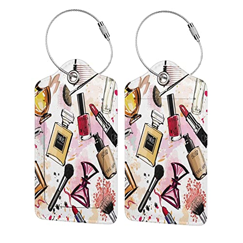 2 Pack Make Up Luggage Tags for Suitcases, Cool Leather Luggage Tag for Travel, Bag Tag Privacy Name ID Card Bag Labels for Friends Adults Kids Tourists - color: Make Up