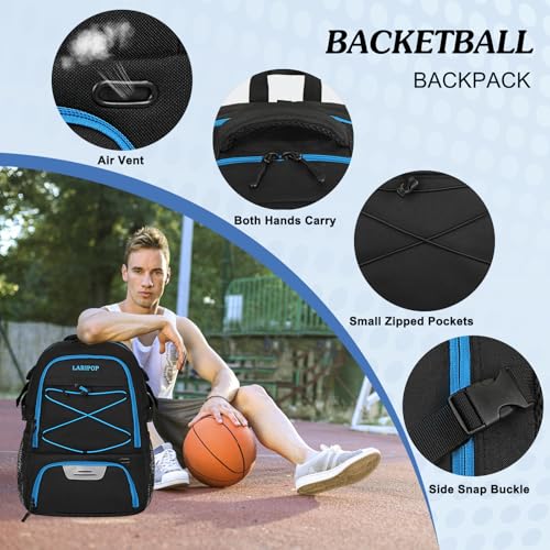LARIPOP Basketball Backpack Large Basketball Bag with Ball Holder & Shoe Compartment for Adults Men Women - color: TR Blue