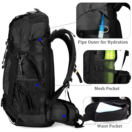 YFREAL 60L Travel Hiking Camping Backpack with Rain Cover,Backpack Water Resistant,Climbing Backpack for Men Women (BLACK) - color: Black