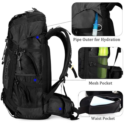 YFREAL 60L Travel Hiking Camping Backpack with Rain Cover,Backpack Water Resistant,Climbing Backpack for Men Women (BLACK) - color: Black