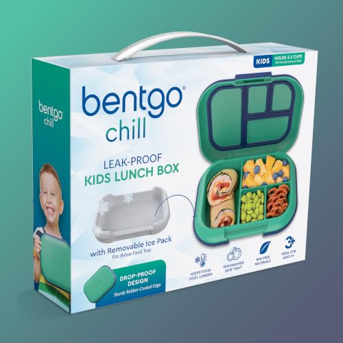 Bentgo Chill Kids Leakproof Lunch Box - 4-Compartment Bento Box with Built-In Ice Pack, 3.3 Cup Capacity, BPA-Free, Microwave & Dishwasher Safe Tray, Ages 3–7 (Green/Navy) - color: Green/Navy