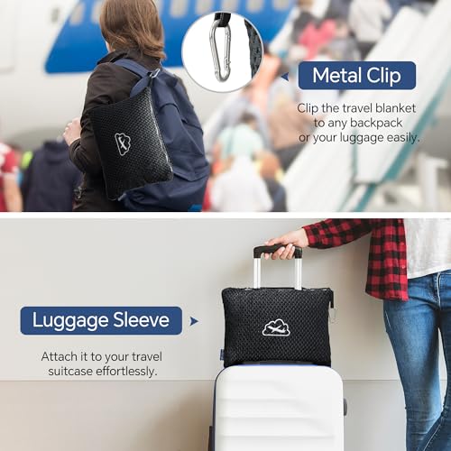 BEDELITE Travel Blanket with Bag, Ultra-Soft Jacquard Fleece Blanket with Luggage Sleeve & Backpack Clip, Airplane Blanket Travel Essentials, Black - color: Black