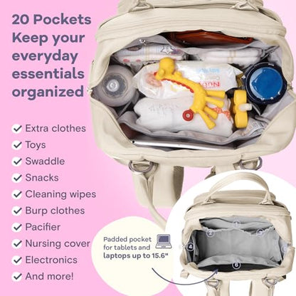 RUVALINO Diaper Bag Backpack-Multifunction Baby Travel Bag with Changing pad, Insulated Bottle Holders & Pacifier Case, Large Capacity, Waterproof, Beige - color: Beige