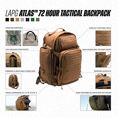 LA Police Gear Atlas 72 Hour Tactical Backpack for Men & Women, Large Bug Out Bag with MOLLE System, Hiking Hunting Combat Backpack, Coyote - color: Coyote