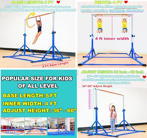 Marfula Gymnastic Bar For Kid and Teenage of 3-25, 5Ft/8 FT Base Length 4Ft Width 5Ft Adjust Height, Gymnastic Kip Bar For Gymnast, Gymnastic Training Equipment For Professional Training Home Club Use - color: Blue(5 Ft Base)