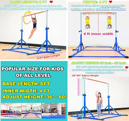Marfula Gymnastic Bar For Kid and Teenage of 3-25, 5Ft/8 FT Base Length 4Ft Width 5Ft Adjust Height, Gymnastic Kip Bar For Gymnast, Gymnastic Training Equipment For Professional Training Home Club Use - color: Blue(5 Ft Base)