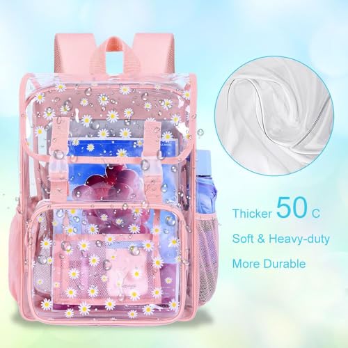 3PCS Pink Clear Backpack, Heavy Duty Transparent Bookbag for Girls Women, Stadium Approved See Through Backpack with Lunch Box (Pink Daisy) - color: Pink Daisy