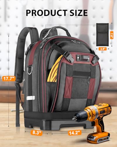 Heavy Duty Tool Backpack, 18-Inch Hard Shell Electrician Tool Bag, Full-Open Work Bag with Molded Base, Removable Tool Organizer, Laptop Compartment, HVAC Construction Backpack for Men, Brown - color: Redbrown