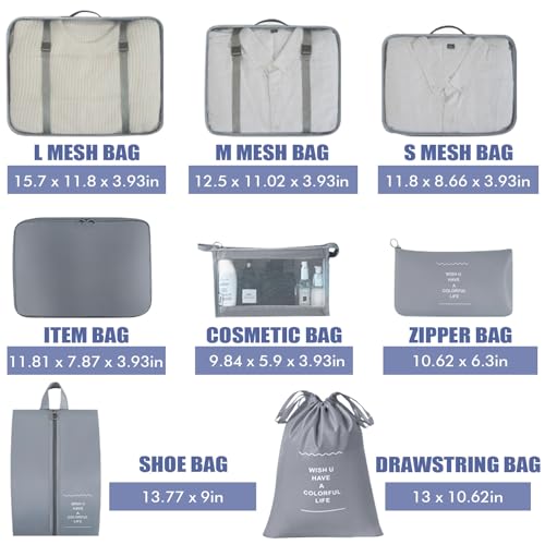 8 Set Packing Cubes for Suitcases, INVODA Travel Luggage Packing Organizers with Laundry Bag, Compression Storage Shoe Bag, Clothing Underwear Bag (Grey) - color: Grey