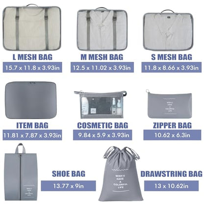8 Set Packing Cubes for Suitcases, INVODA Travel Luggage Packing Organizers with Laundry Bag, Compression Storage Shoe Bag, Clothing Underwear Bag (Grey) - color: Grey