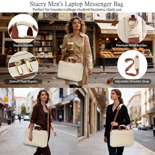 Stuery Faux Leather Messenger Bag for Men 17-17.3 Inch: Laptop Bag Briefcase Computer Handbags Shoulder Crossbody Bag with Padded Laptop Sleeve for Work College Travel, Beige White - color: Pu Beige White