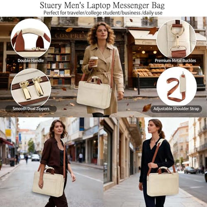 Stuery Faux Leather Messenger Bag for Men 17-17.3 Inch: Laptop Bag Briefcase Computer Handbags Shoulder Crossbody Bag with Padded Laptop Sleeve for Work College Travel, Beige White - color: Pu Beige White